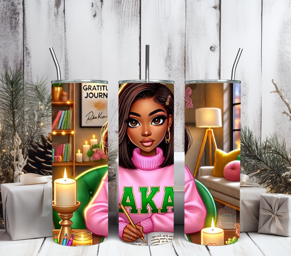 Decorative panels with a woman holding a 'Growth Journal' and 'AKA' letters, set against a wooden background.